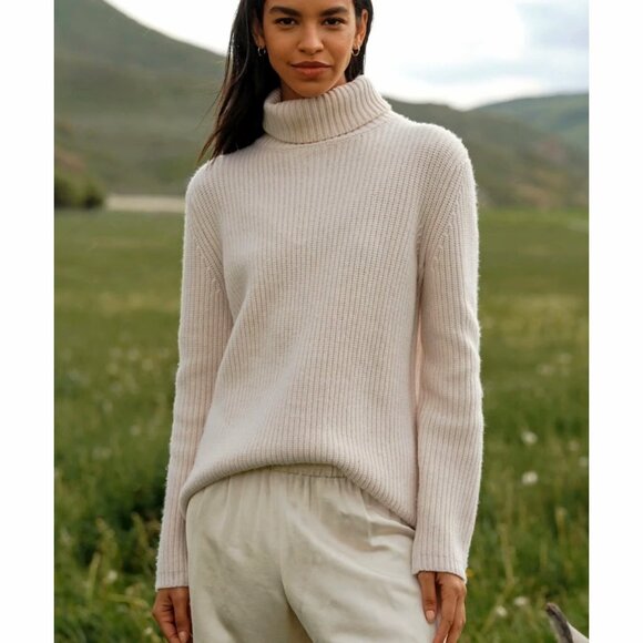 JENNI KAYNE ICONIC 100% CASHMERE FISHERMAN TURTLENECK SWEATER IVORY SZ M - Picture 2 of 6